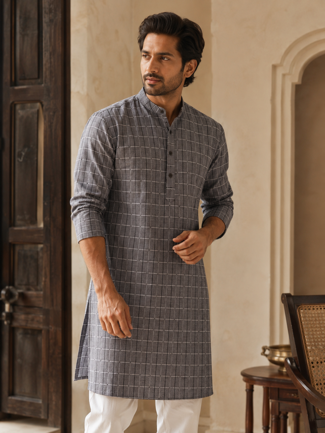 Grey & Black Window Check Khadi Fabric | 100% Cotton
