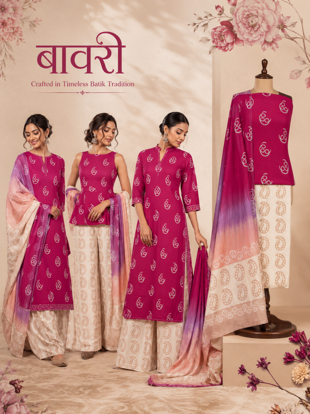 Rani Pink Batik Paisley | 3-Piece Unstitched Suit Set