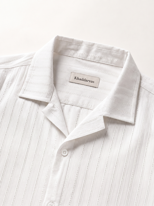 Khadi Pearl White Cuban Collar Half Sleeve  Shirt