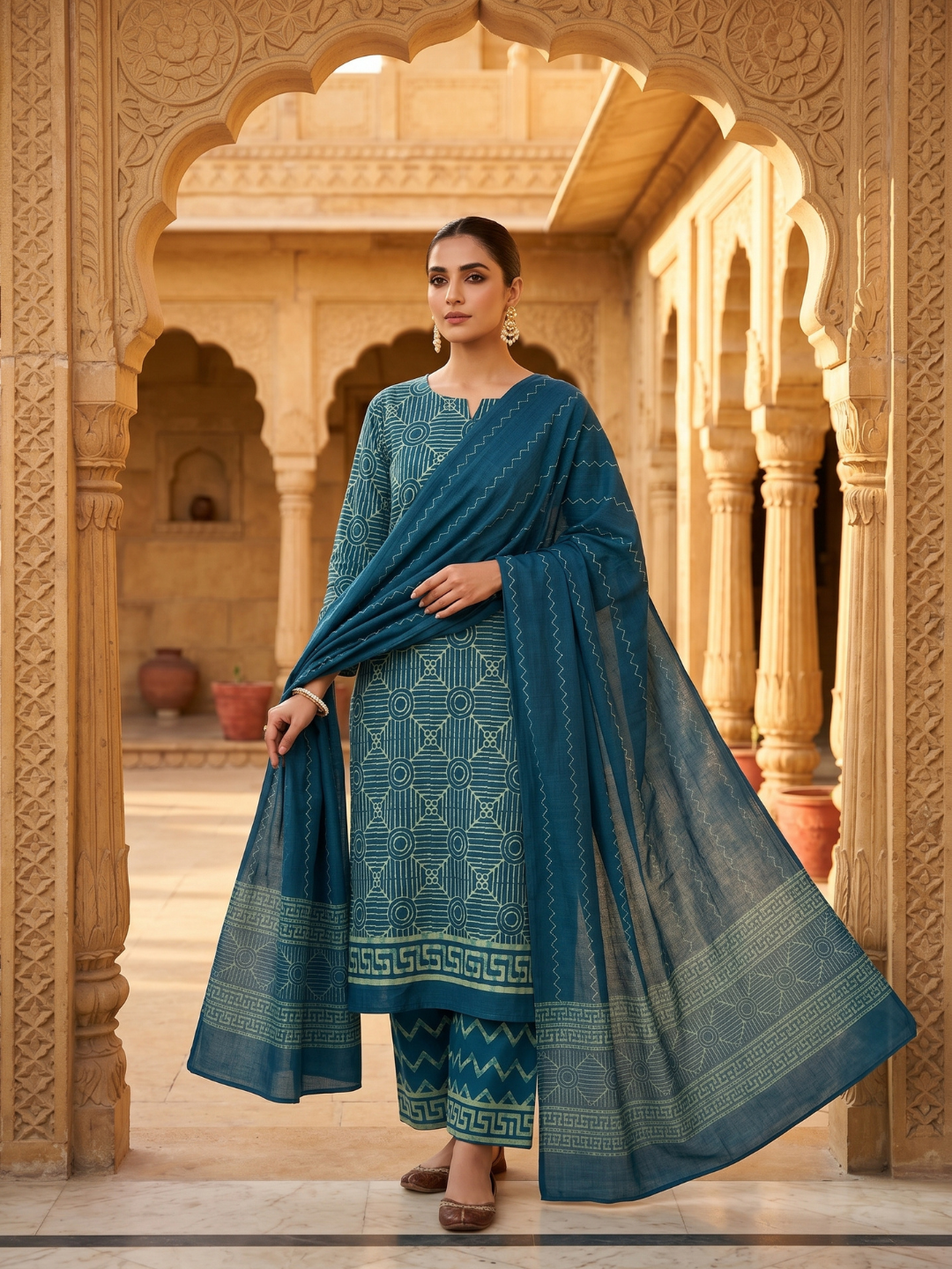 Teal Blue Batik Geometric Motif | 3-Piece Unstitched Suit Set