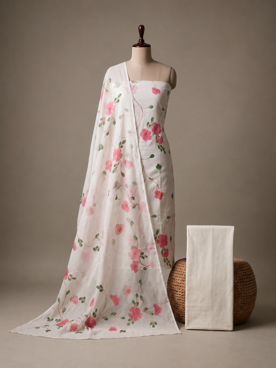 Khaddar Exclusive Hand Painted 3 Pcs Unstitched Suit Set - White & Pink Floral