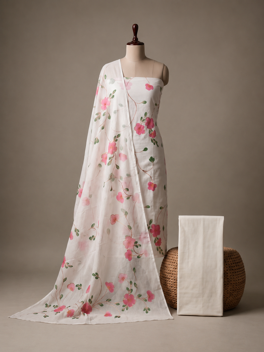 Khaddar Exclusive Hand Painted 3 Pcs Unstitched Suit Set - White & Pink Floral