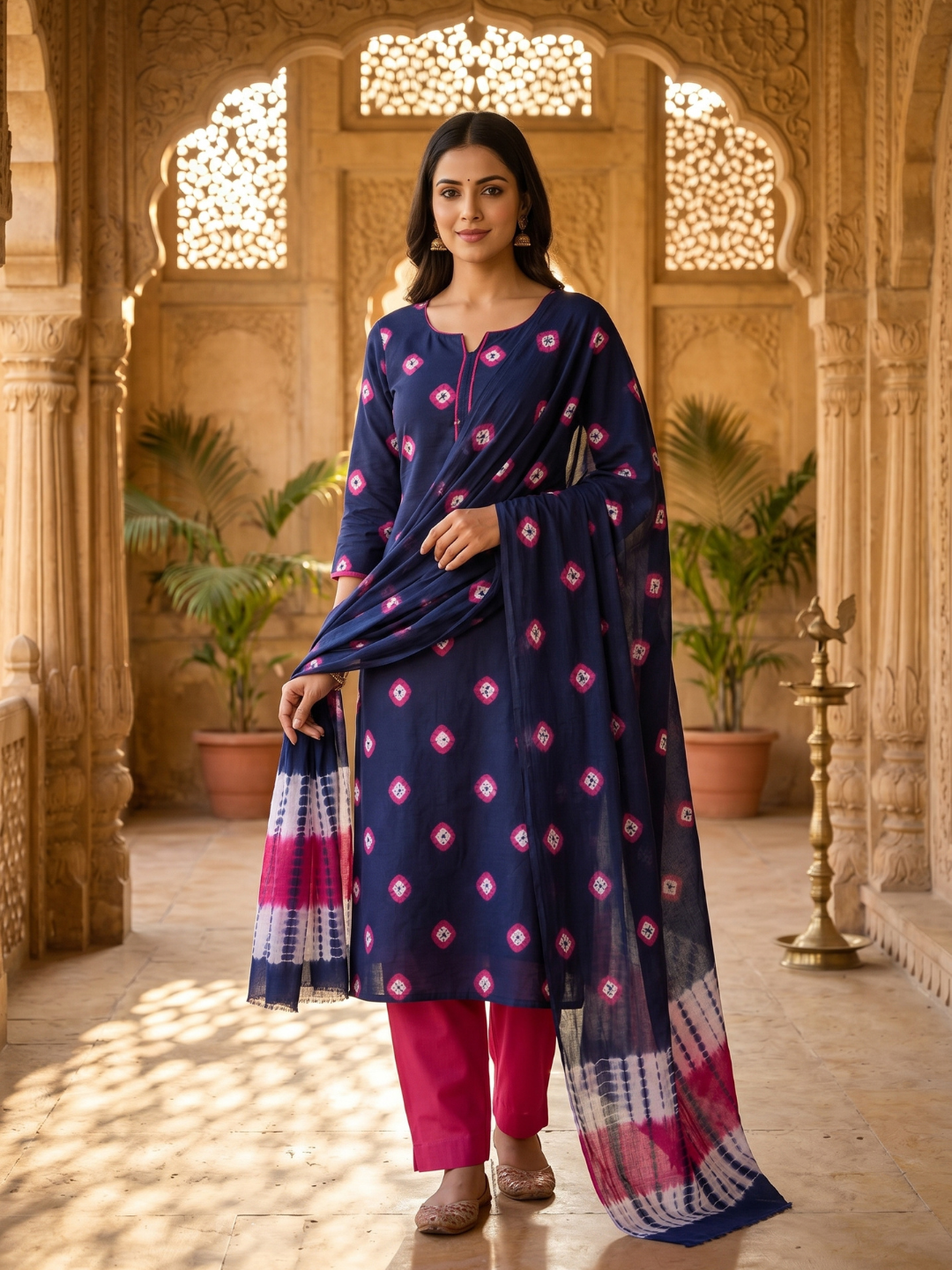 Navy Blue Tie-Dye Bandhani Motif | 3-Piece Unstitched Suit Set