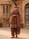 Rust Brown Floral Block Print - 3 Piece Unstitched Suit Set