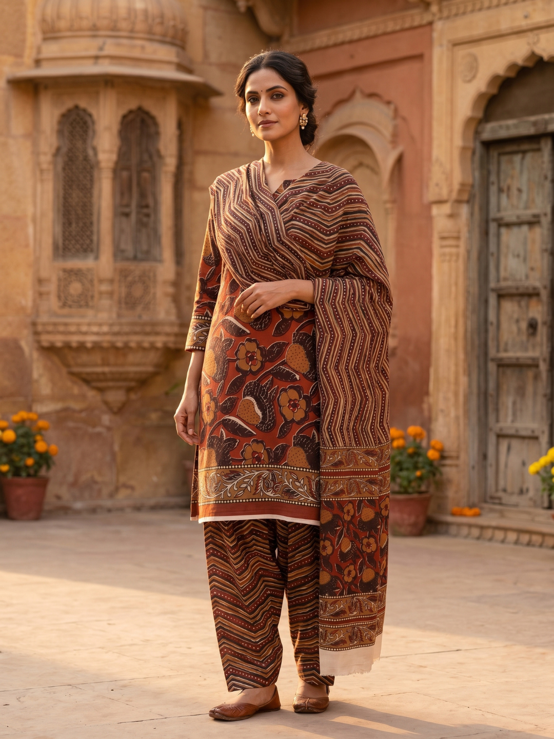 Rust Brown Floral Block Print - 3 Piece Unstitched Suit Set