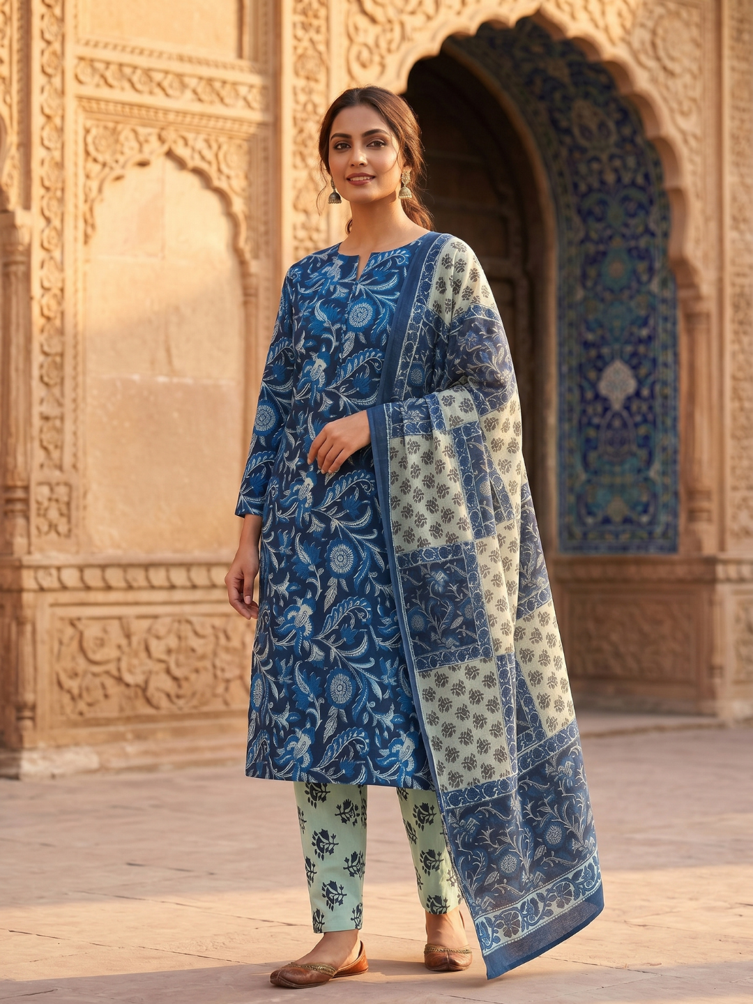 Indigo Floral Block Print | 3-Piece Unstitched Suit Set