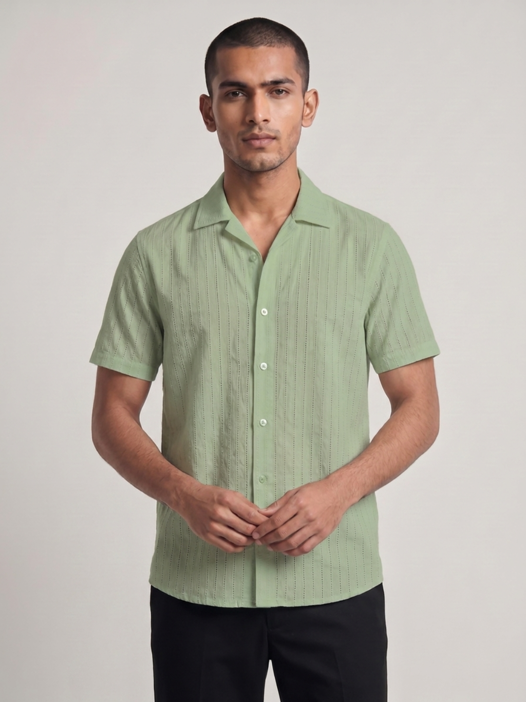 Khadi Fern Green Cuban Collar Half Sleeve Shirt