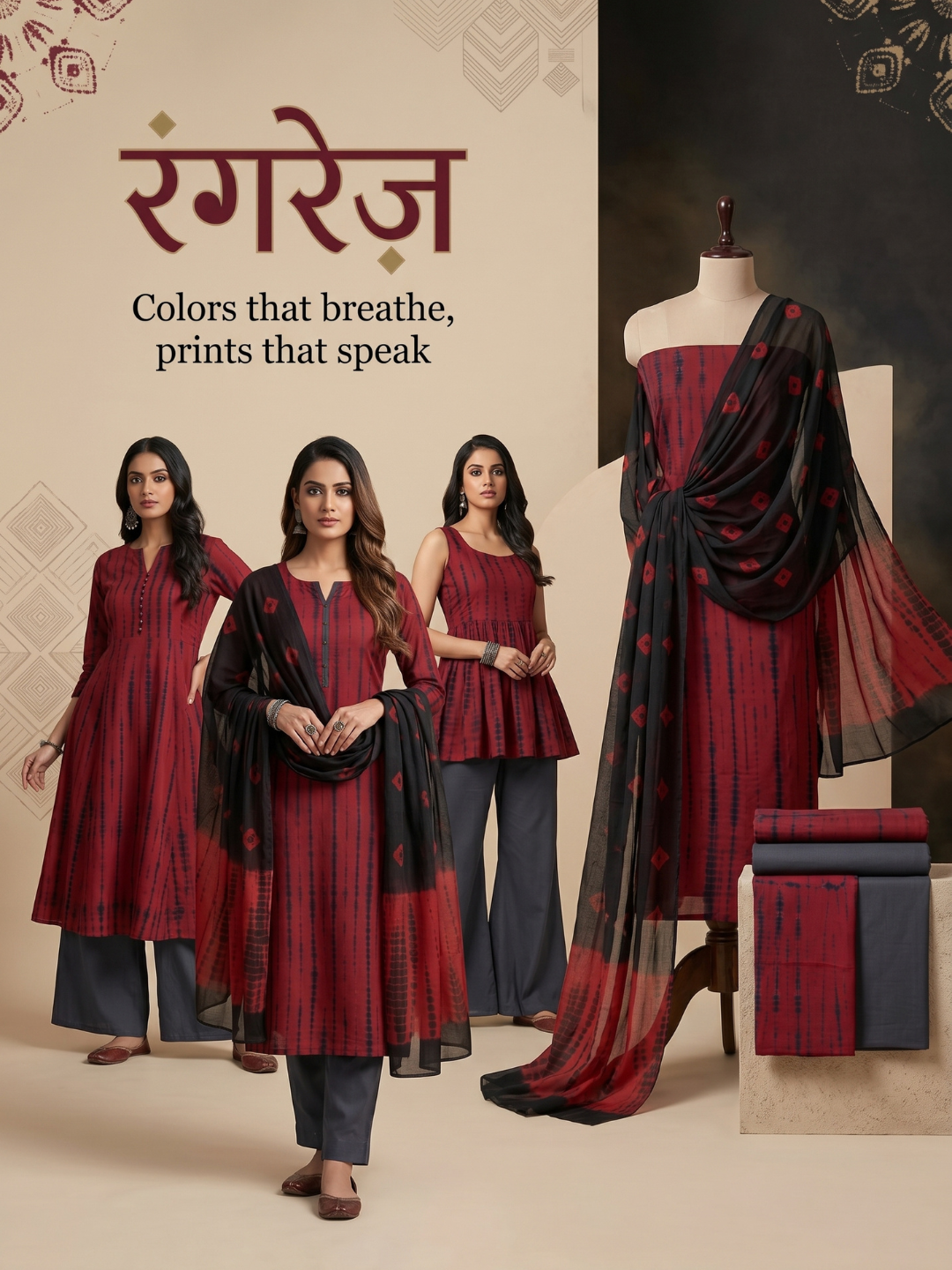 Red & Black Tie-Dye Shibori | 3-Piece Unstitched Suit Set