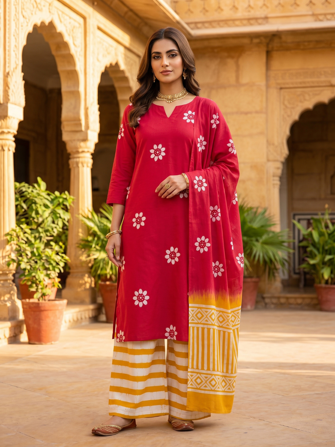 Red Batik Floral Buti & Stripe | 3-Piece Unstitched Suit Set