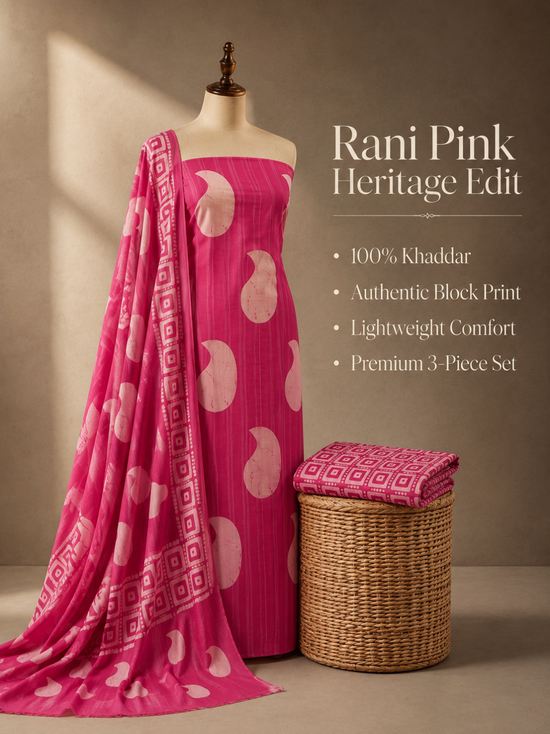 Rani Gulab Buta Block Print | 3-Piece Unstitched Suit Set