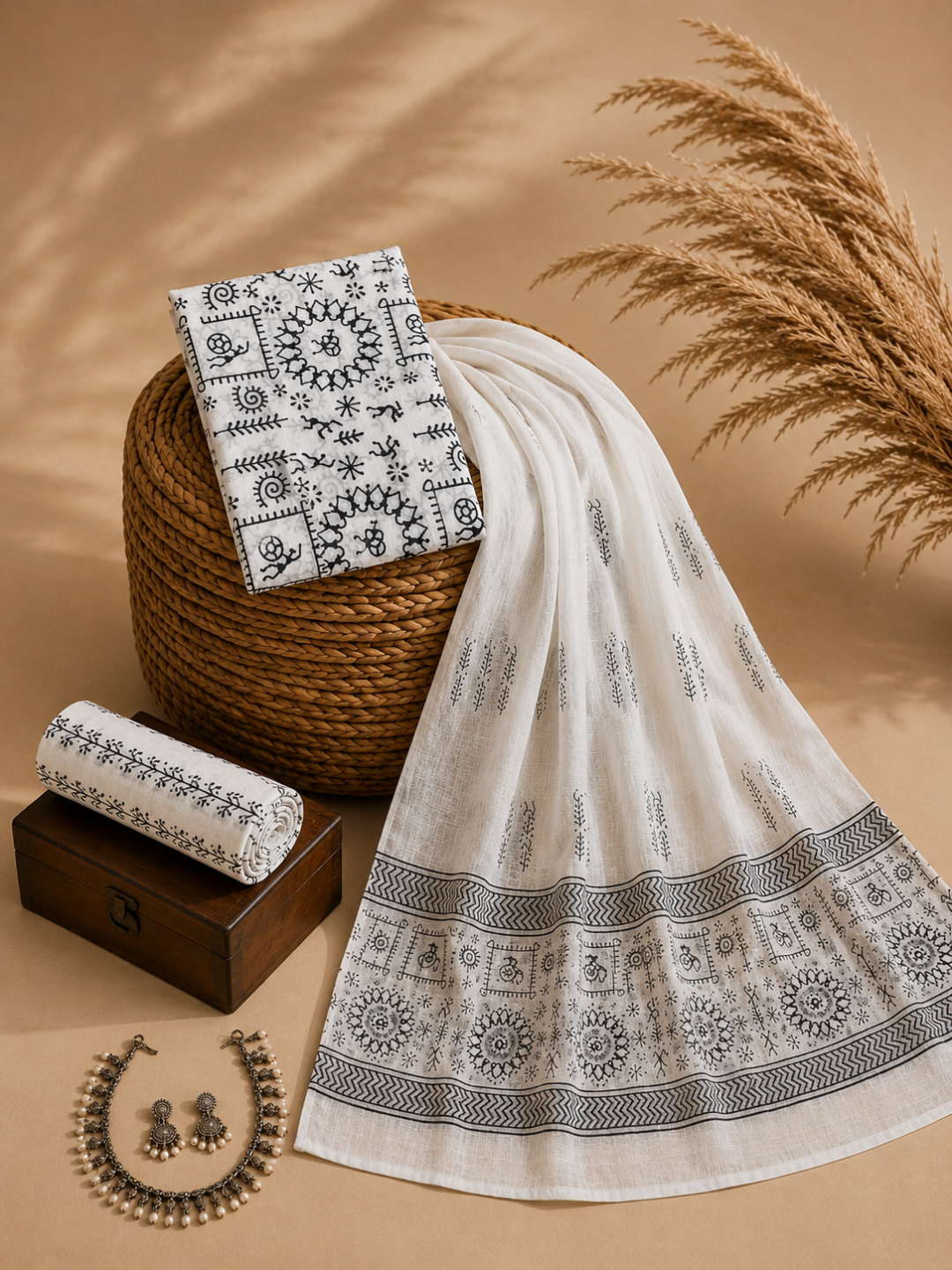 White & Black Tribal Block Print | 3-Piece Unstitched Suit Set