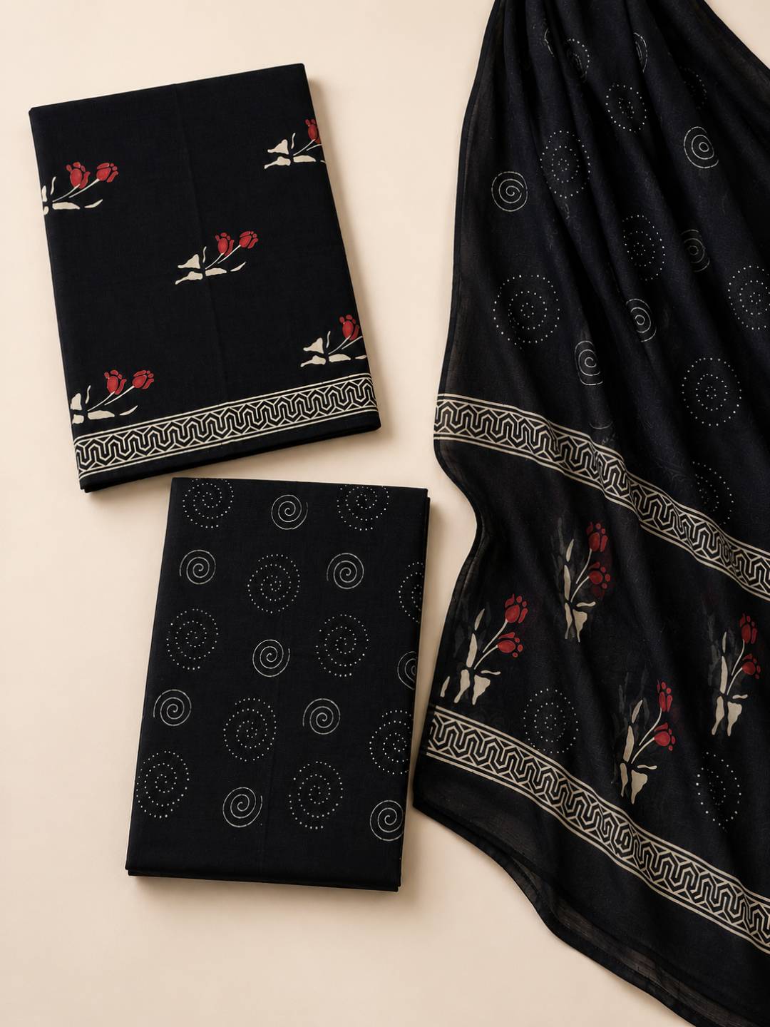 Black Color Batik Floral Buti Print | 3-Piece Unstitched Suit Set