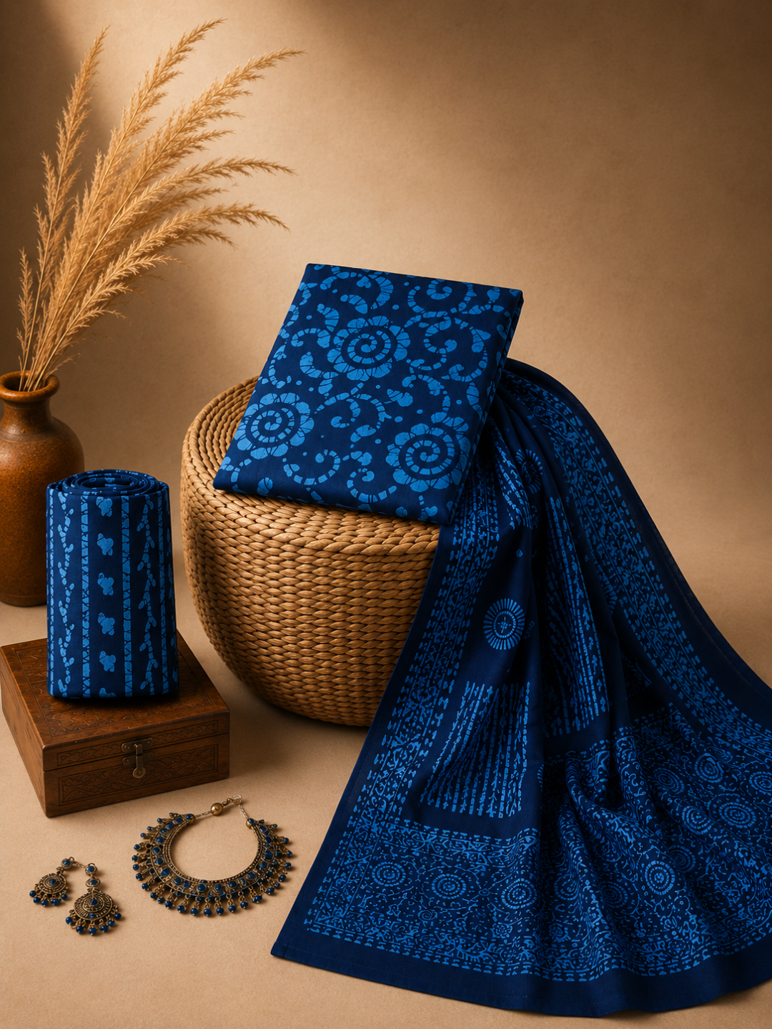 Blue Batik Spiral Print with Ethnic Dupatta 3 Pcs Unstitched Suit Set