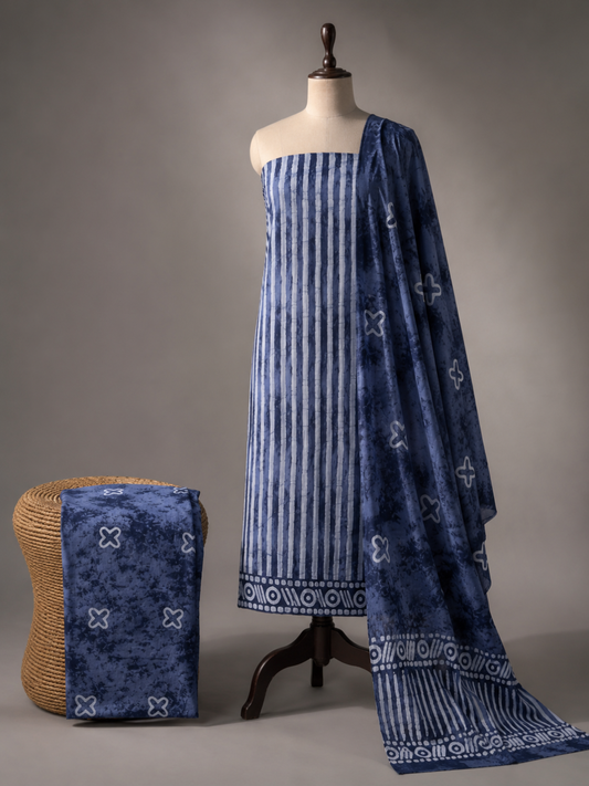 Indigo Horizon Stripe Batik  | 3-Piece Unstitched Suit Set