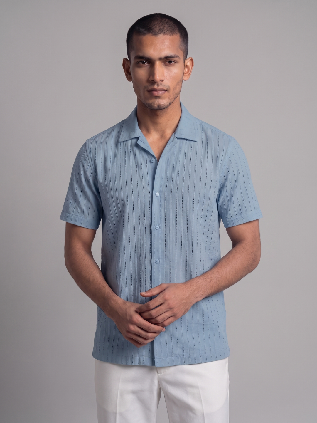 Khadi Pigeon Blue Cuban Collar Half Sleeve  Shirt