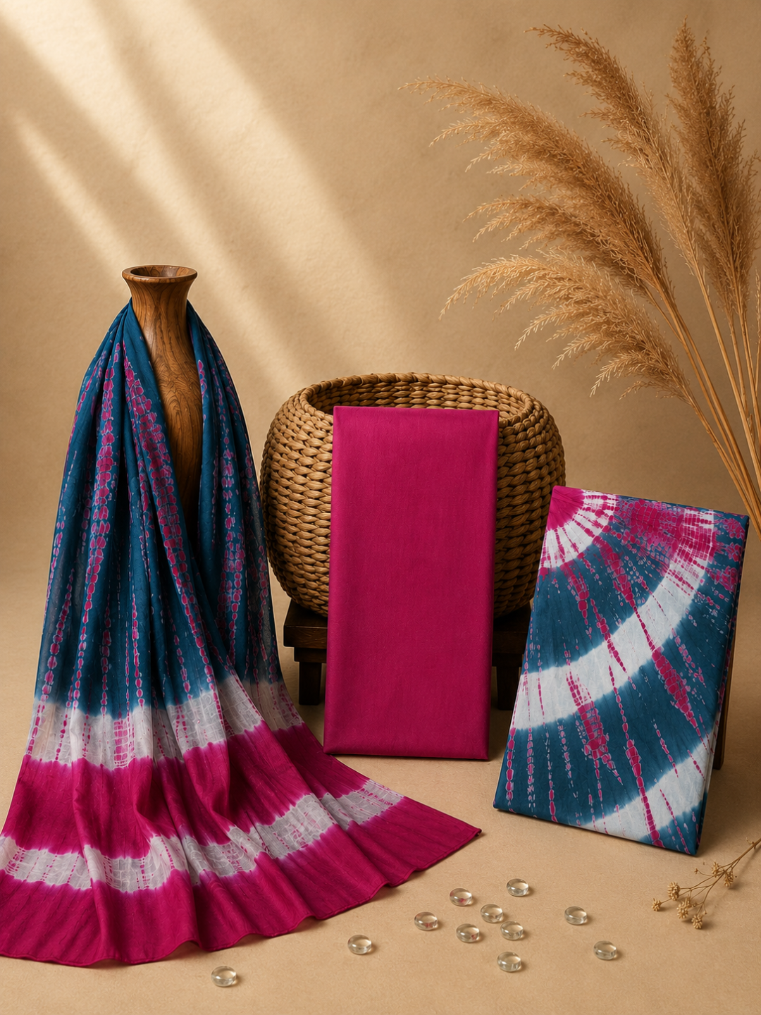 Teal & Pink Shibori Tie-Dye | 3-Piece Unstitched Suit Set