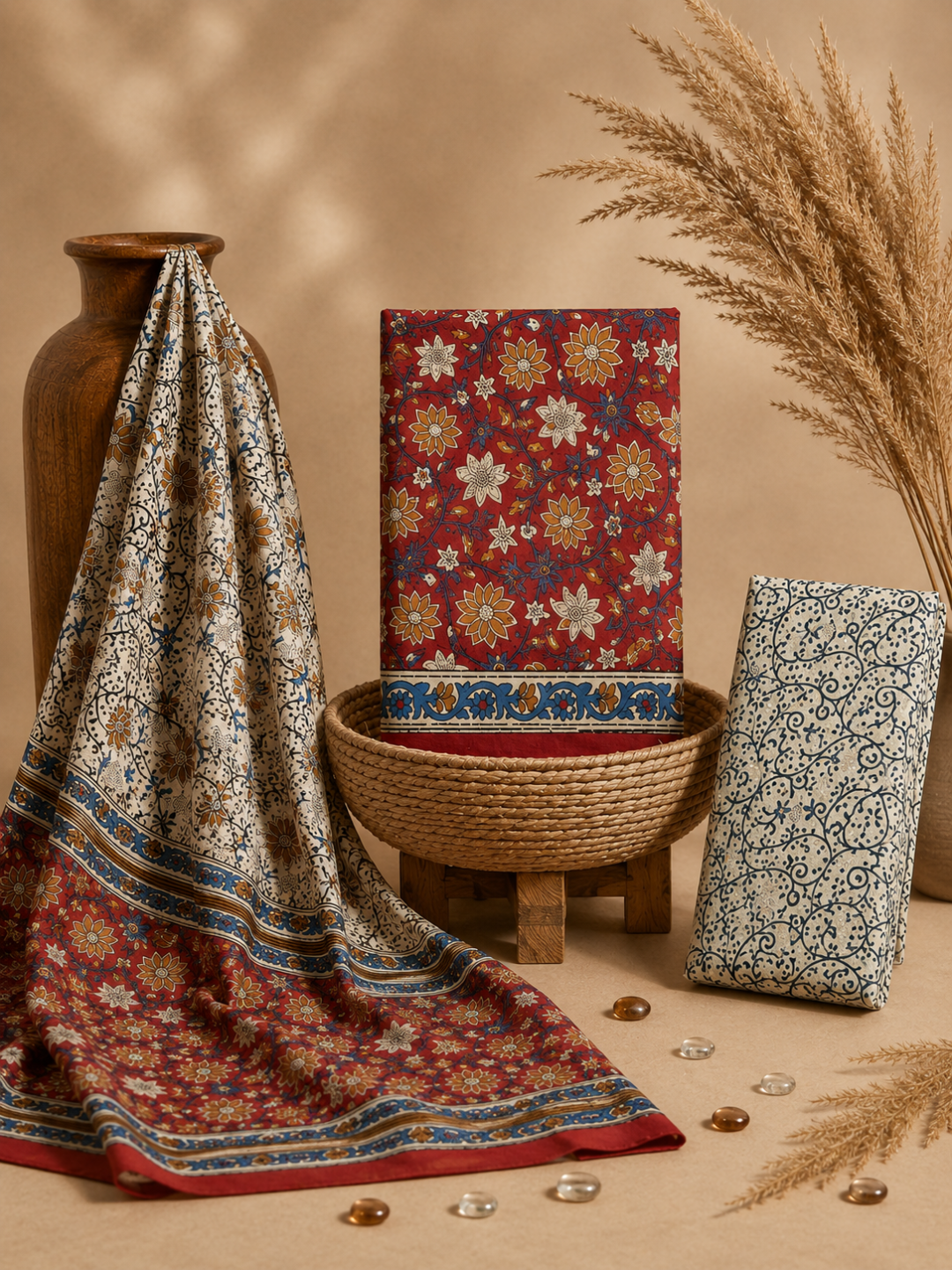 Rust Red Floral Block Print | 3-Piece Unstitched Suit Set