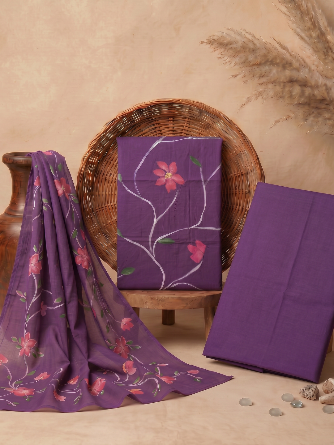 Khaddar Exclusive Hand Painted 3 Pcs Unstitched Suit Set - Royal Plum Floral