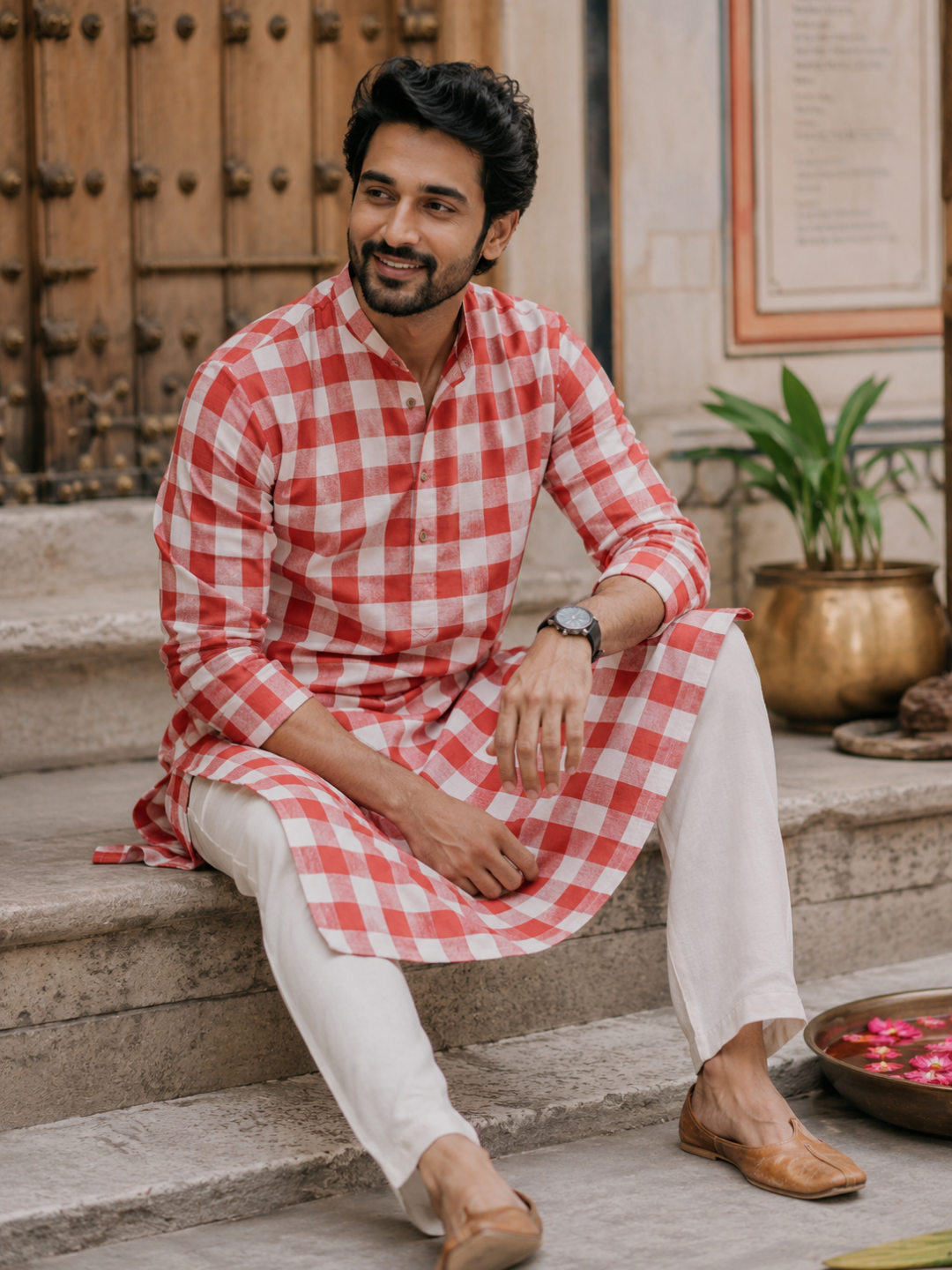 Red & White Buffalo Check Handwoven Khadi Cotton Fabric