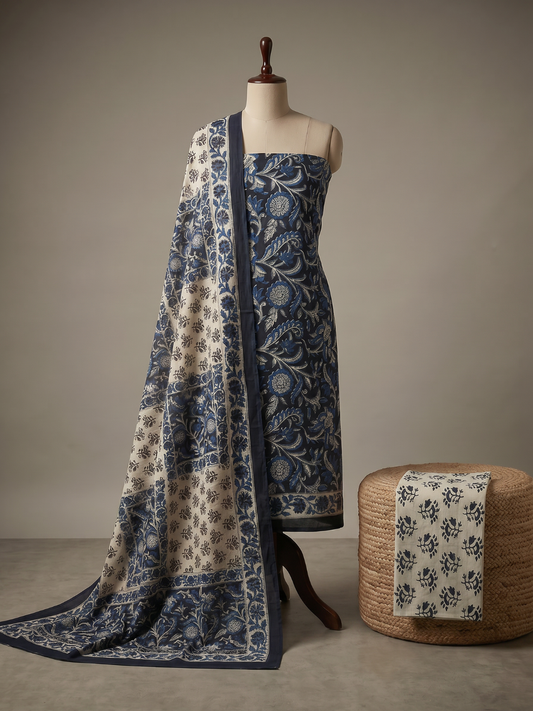 Indigo Floral Block Print | 3-Piece Unstitched Suit Set