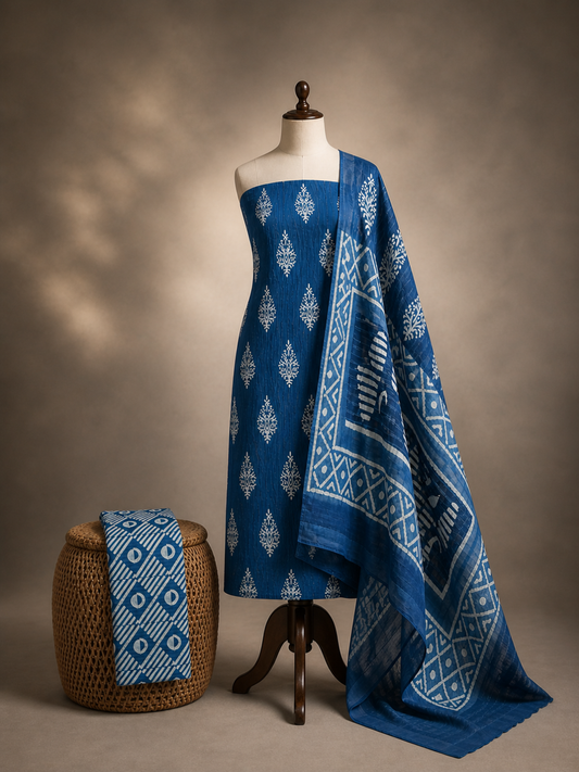 Indigo Batik Buti & Geometric Motif | 3-Piece Unstitched Suit Set