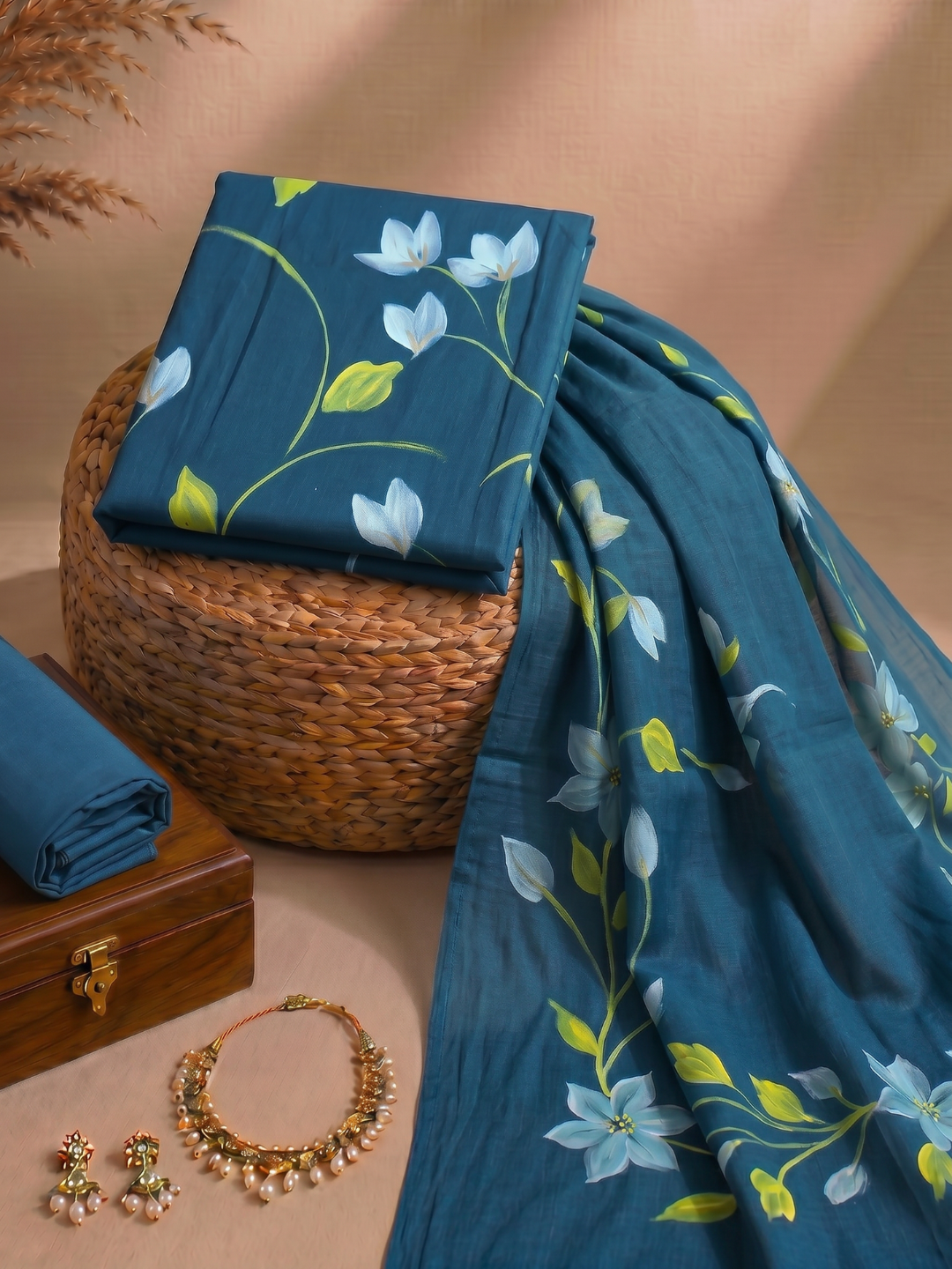 Khaddar Exclusive Hand Painted 3 Pcs Unstitched Suit Set - Midnight Teal Blossom