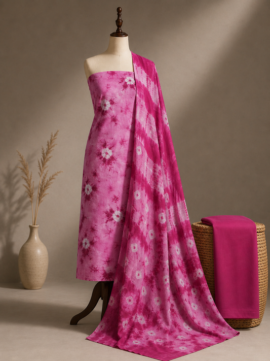 Pink Tie-Dye Shibori Print | 3-Piece Unstitched Suit Set