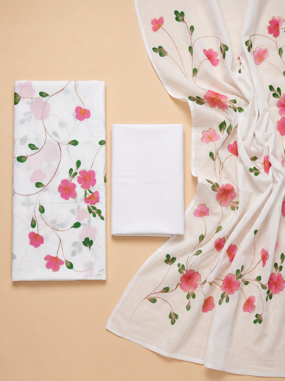 Khaddar Exclusive Hand Painted 3 Pcs Unstitched Suit Set - White & Pink Floral
