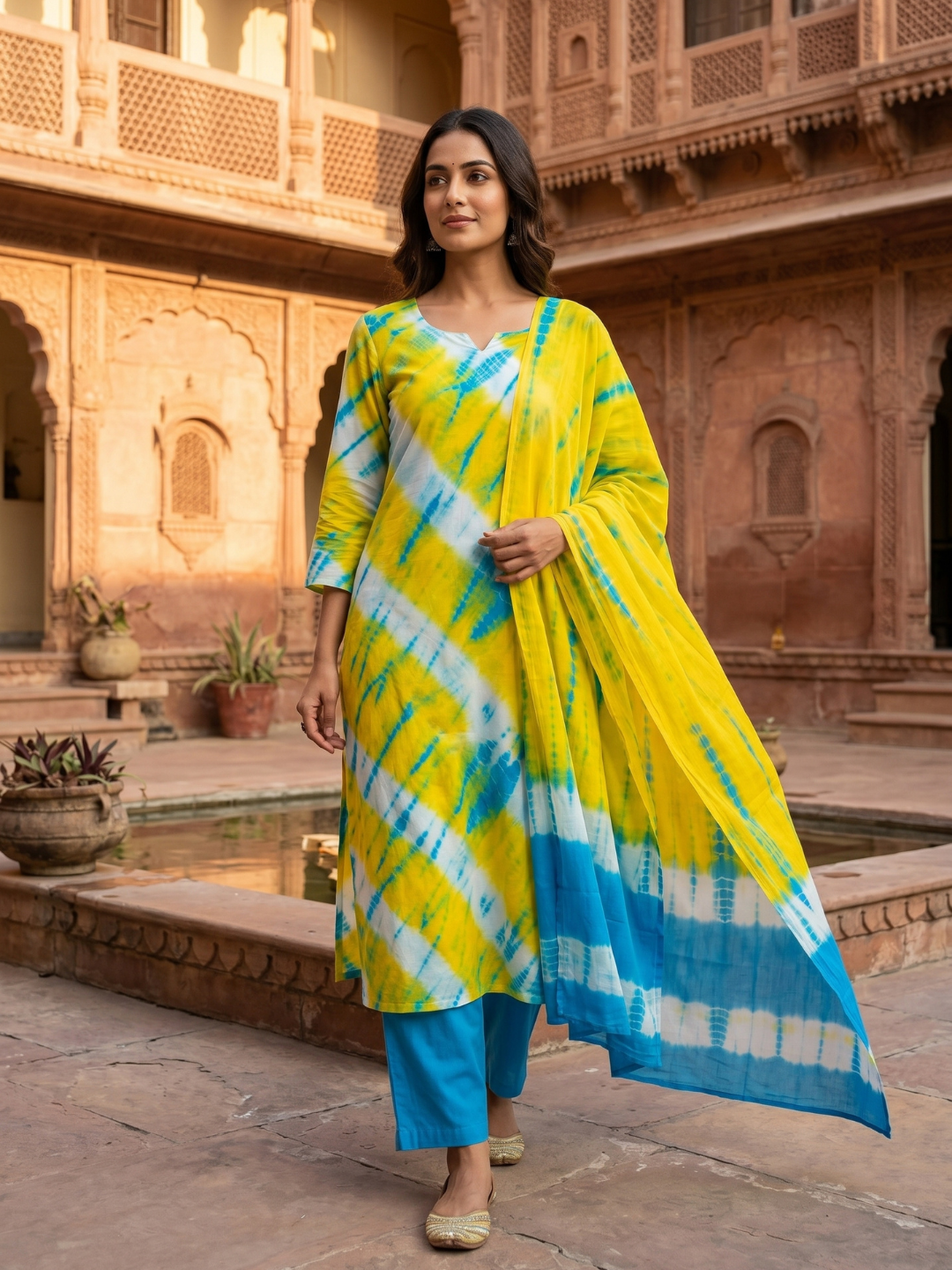 Yellow & Sky Blue Shibori Tie-Dye Pattern - 3-Piece Unstitched Suit Set