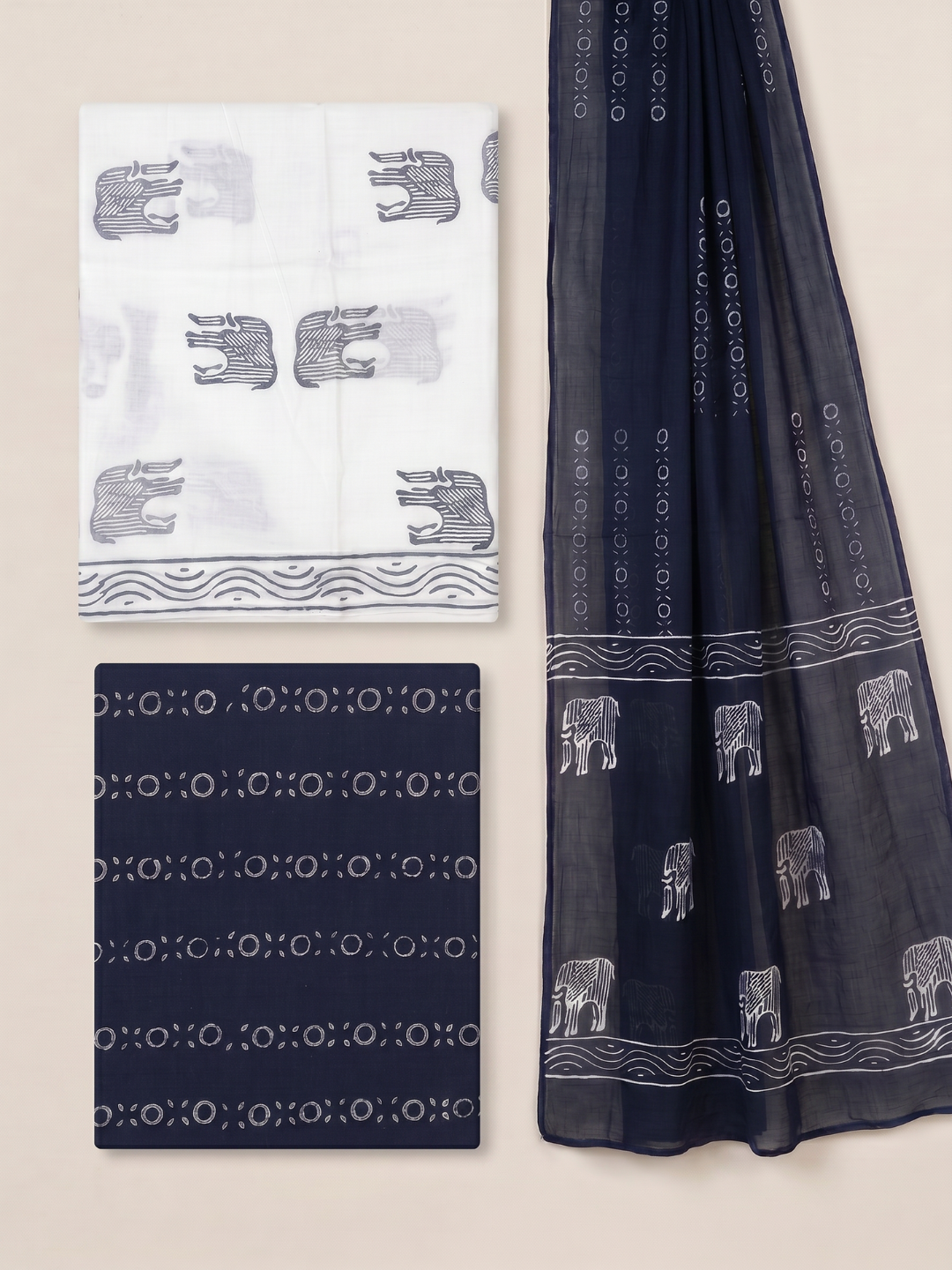 White & Black Elephant Block Print | 3-Piece Unstitched Suit Set