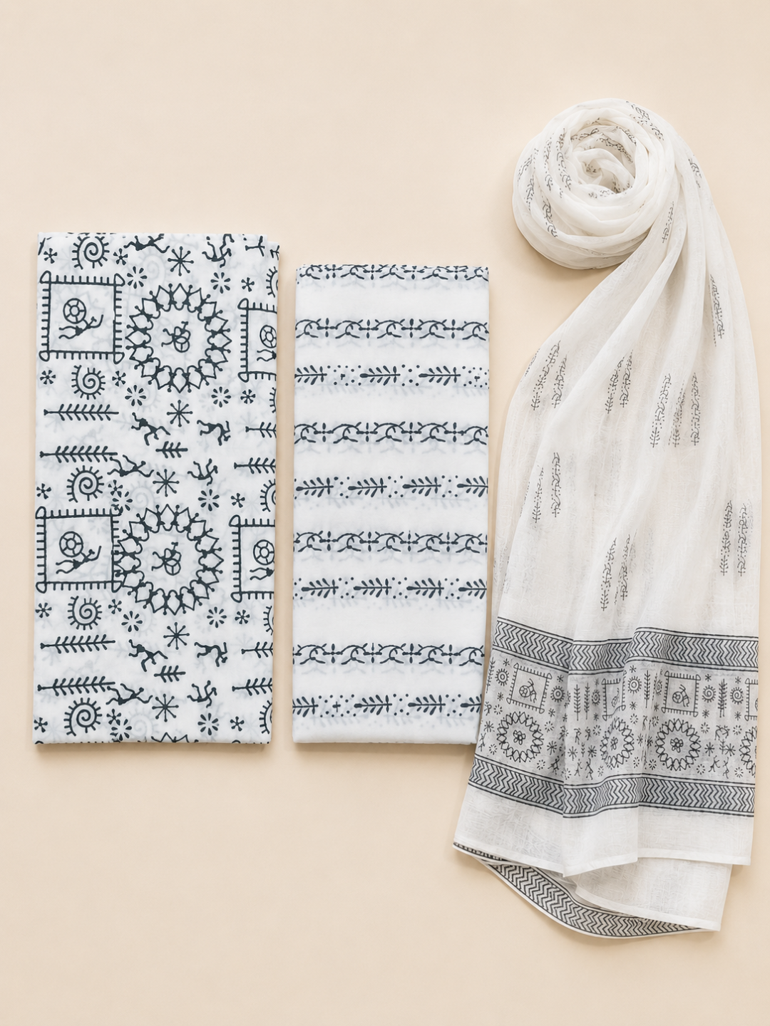 White & Black Tribal Block Print | 3-Piece Unstitched Suit Set