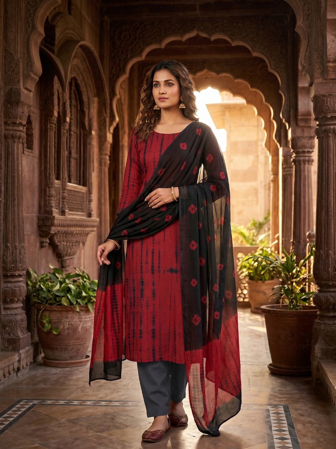 Red & Black Tie-Dye Shibori | 3-Piece Unstitched Suit Set