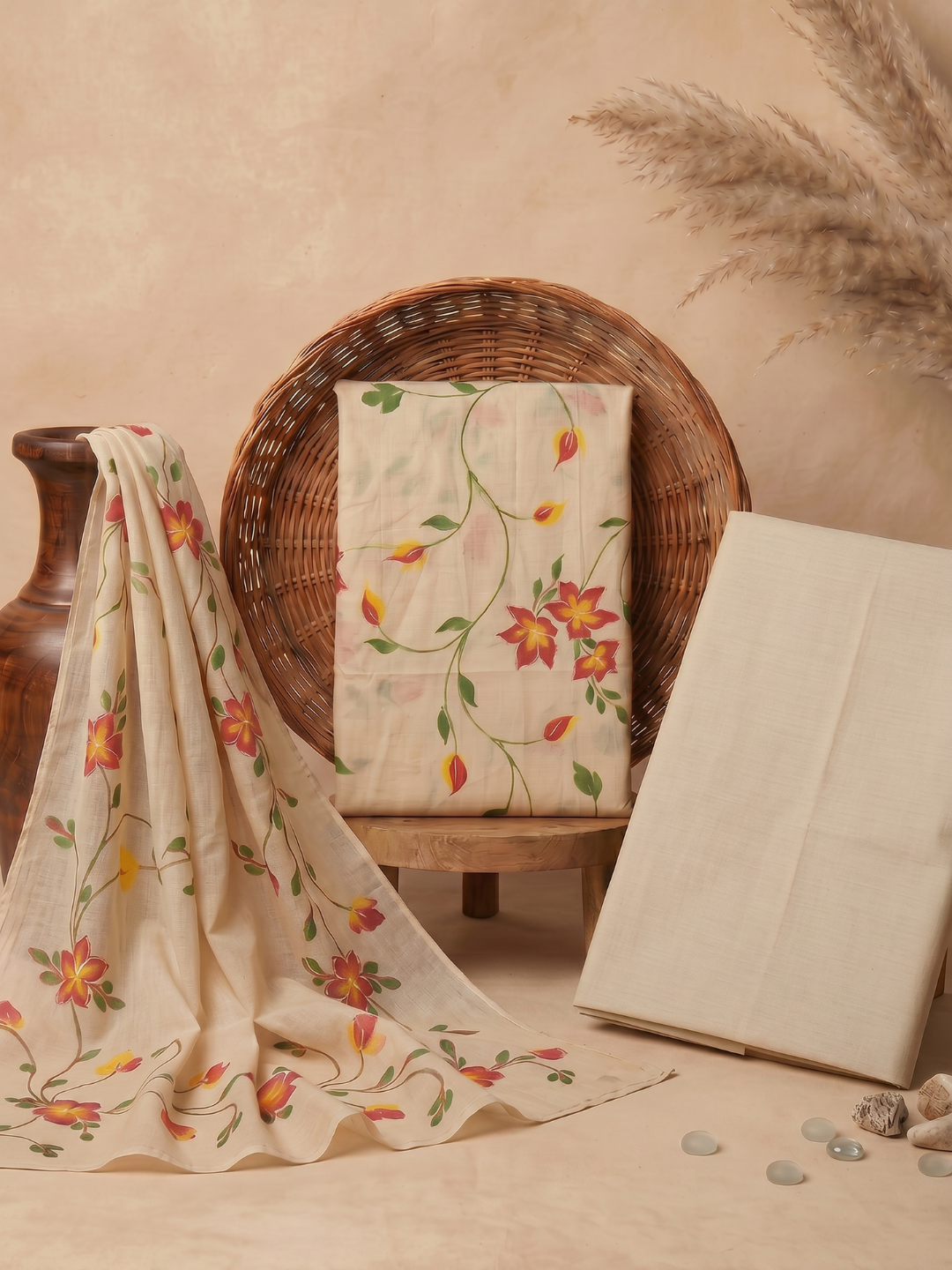 Khaddar Premium Hand Painted 3 Pcs Unstitched Suit Set - Beige Floral Vine
