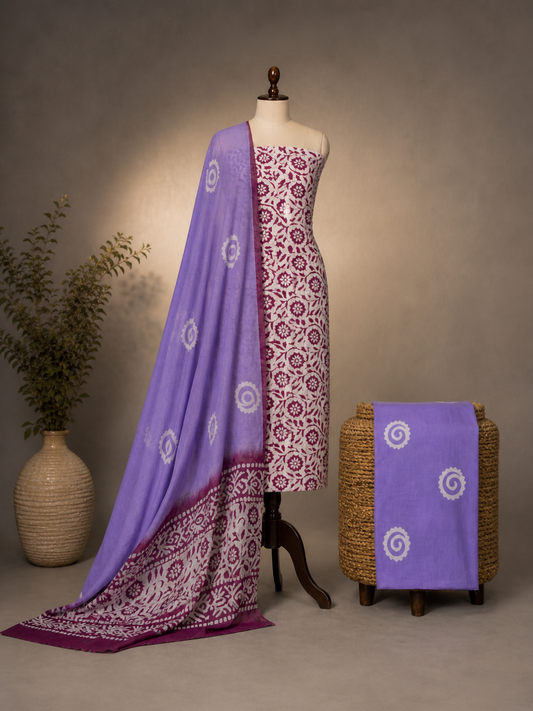 Lavender Batik Floral & Spiral Motif | 3-Piece Unstitched Suit Set