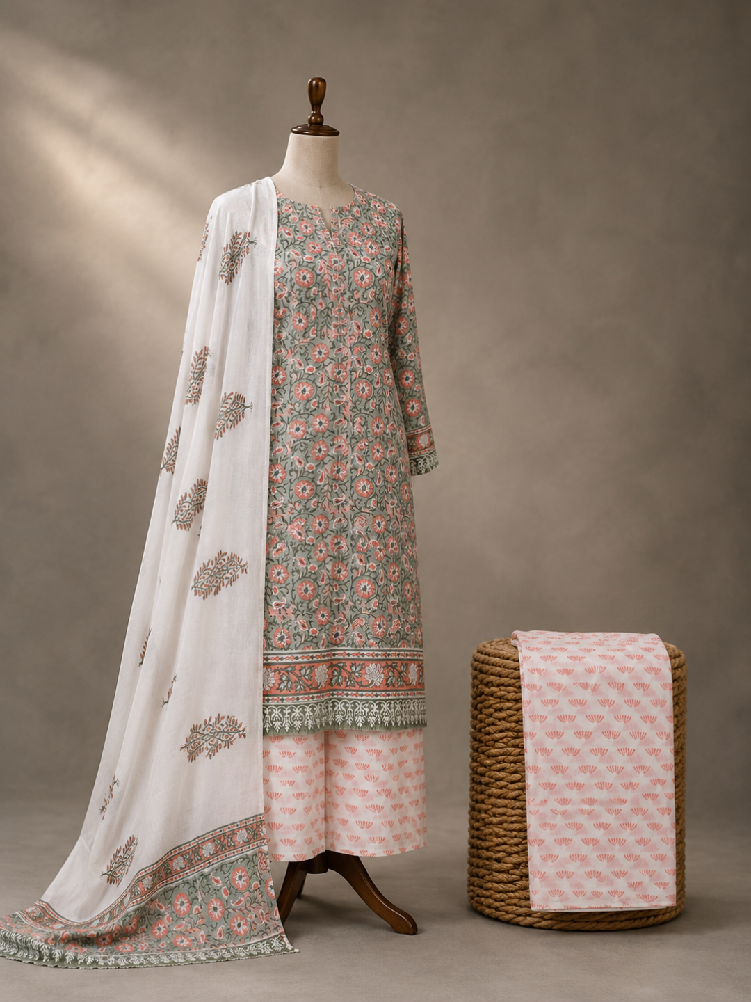 Sage Blossom Block Print | 3-Piece Unstitched Suit Set