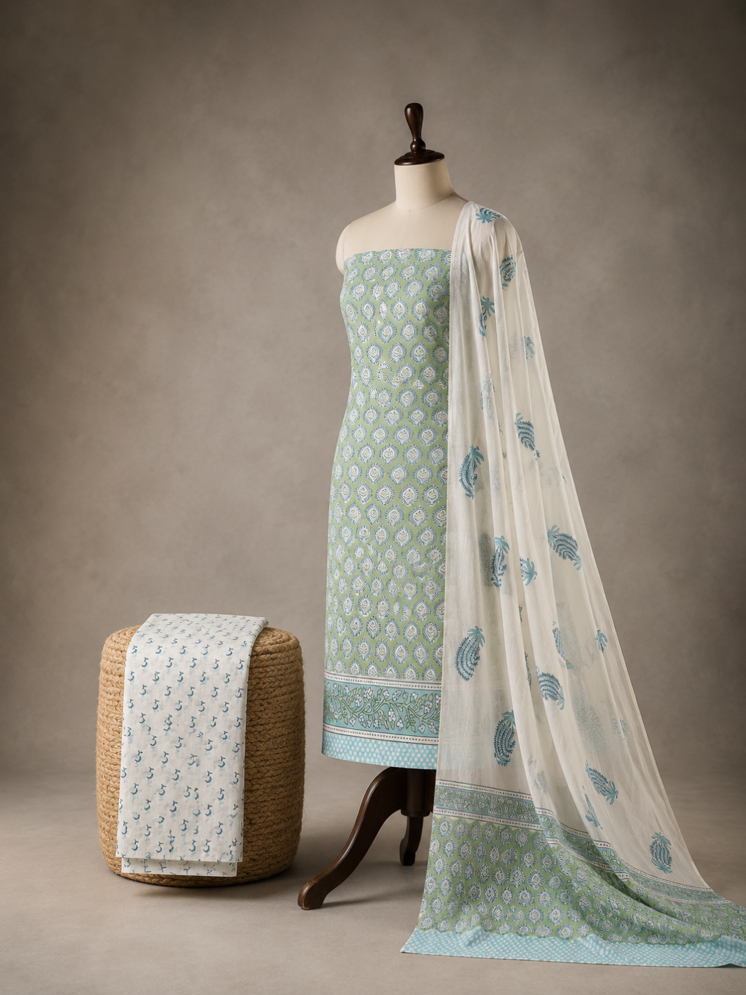 Mint Leaf Block Print | 3-Piece Unstitched Suit Set