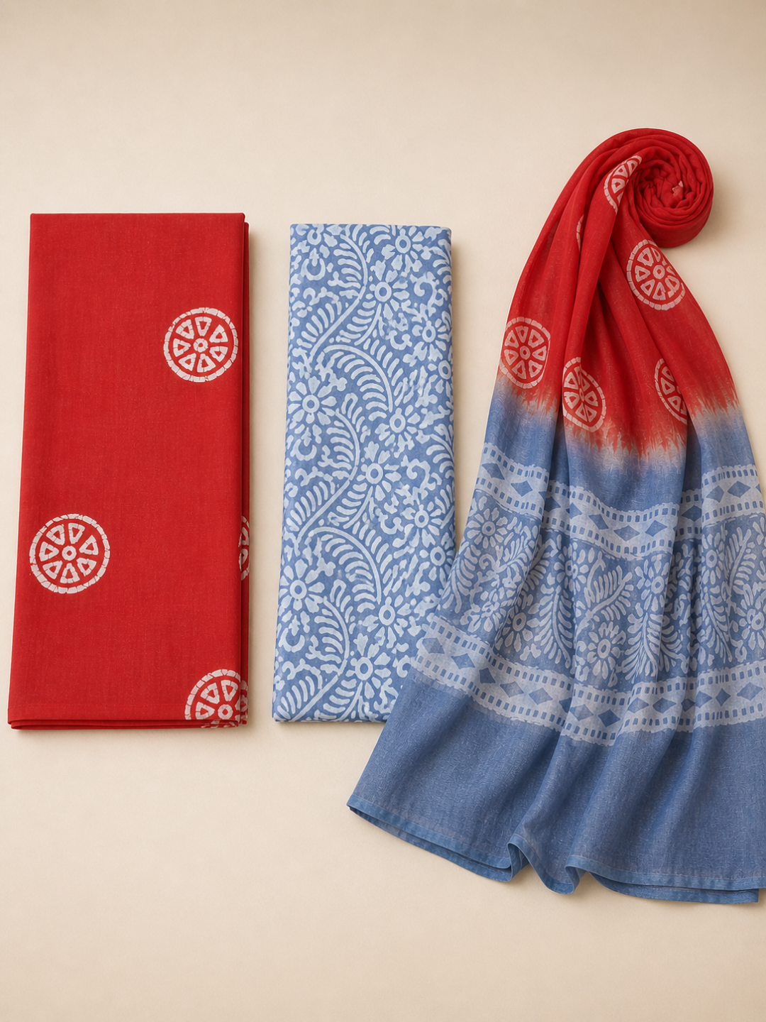Orange & Blue Batik Floral Vine | 3-Piece Unstitched Suit Set