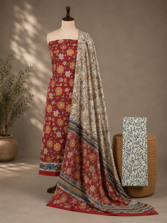 Rust Red Floral Block Print | 3-Piece Unstitched Suit Set