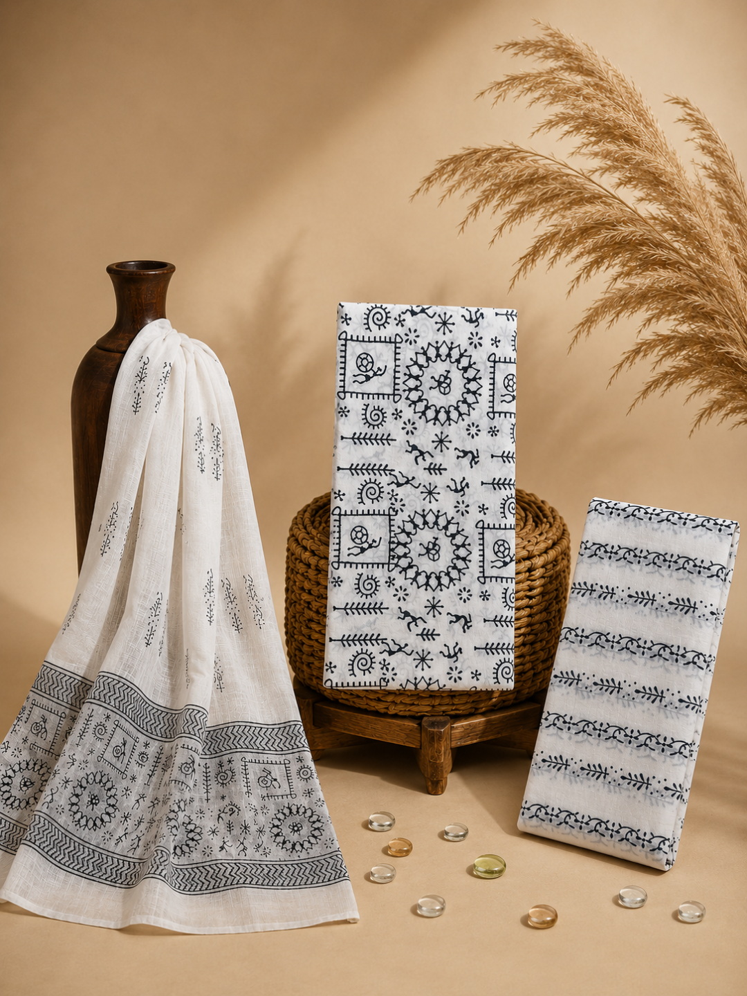 White & Black Tribal Block Print | 3-Piece Unstitched Suit Set