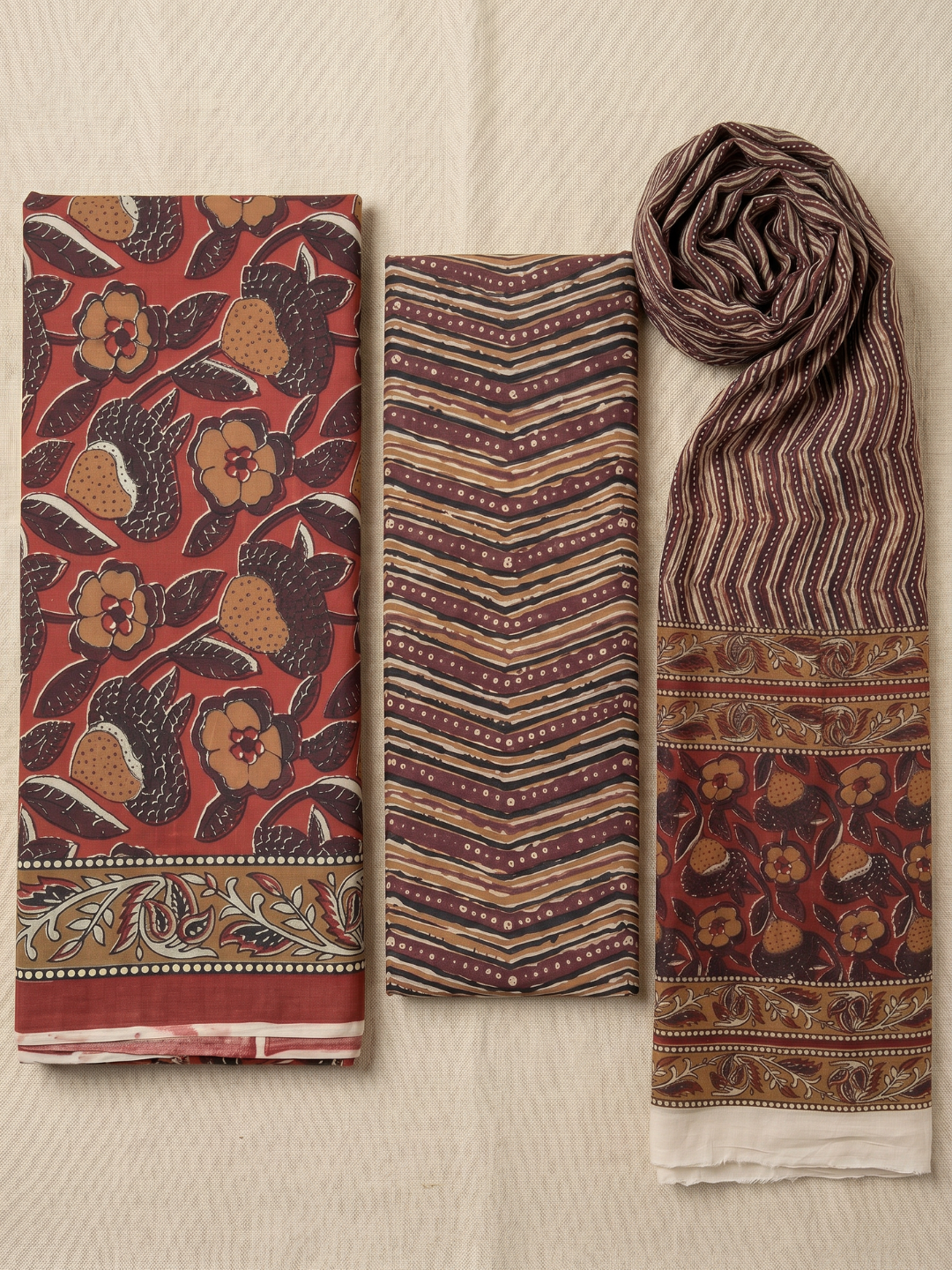 Rust Brown Floral Block Print - 3 Piece Unstitched Suit Set