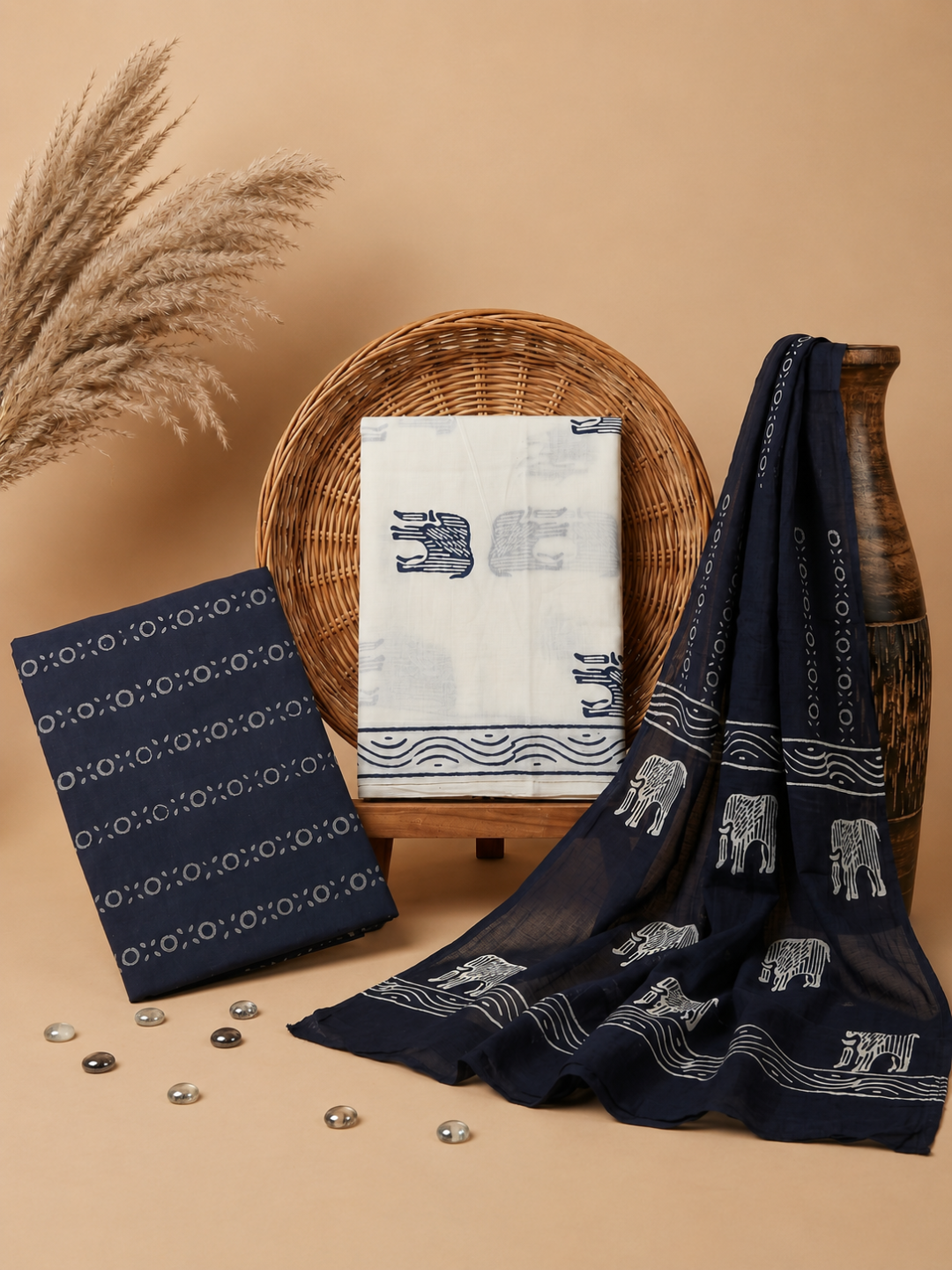 White & Black Elephant Block Print | 3-Piece Unstitched Suit Set