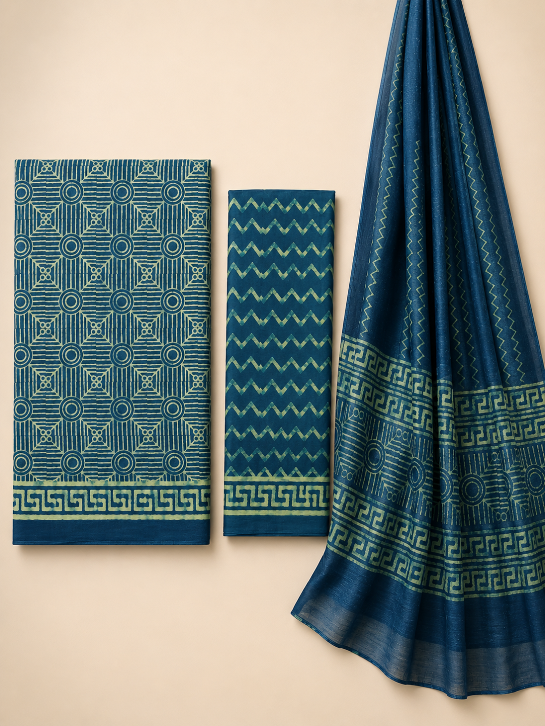 Teal Blue Batik Geometric Motif | 3-Piece Unstitched Suit Set