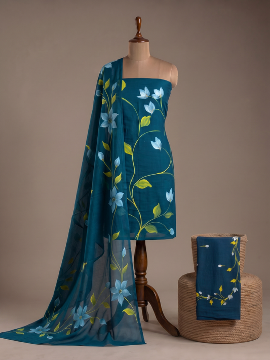 Khaddar Exclusive Hand Painted 3 Pcs Unstitched Suit Set - Midnight Teal Blossom