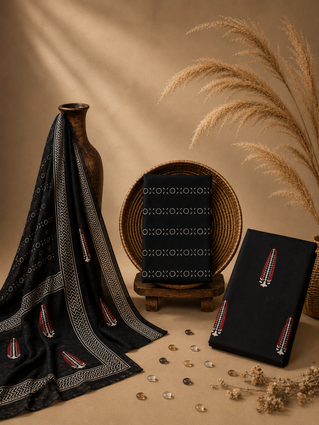 Black Batik Leaf Motif - 3-Piece Unstitched Suit Set