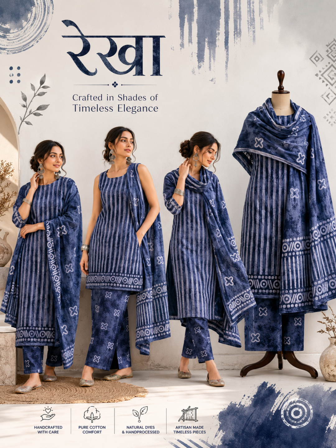 Indigo Horizon Stripe Batik  | 3-Piece Unstitched Suit Set