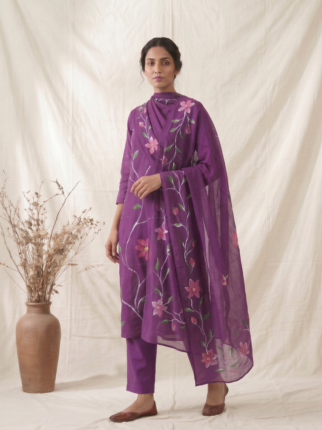 Khaddar Exclusive Hand Painted 3 Pcs Unstitched Suit Set - Royal Plum Floral