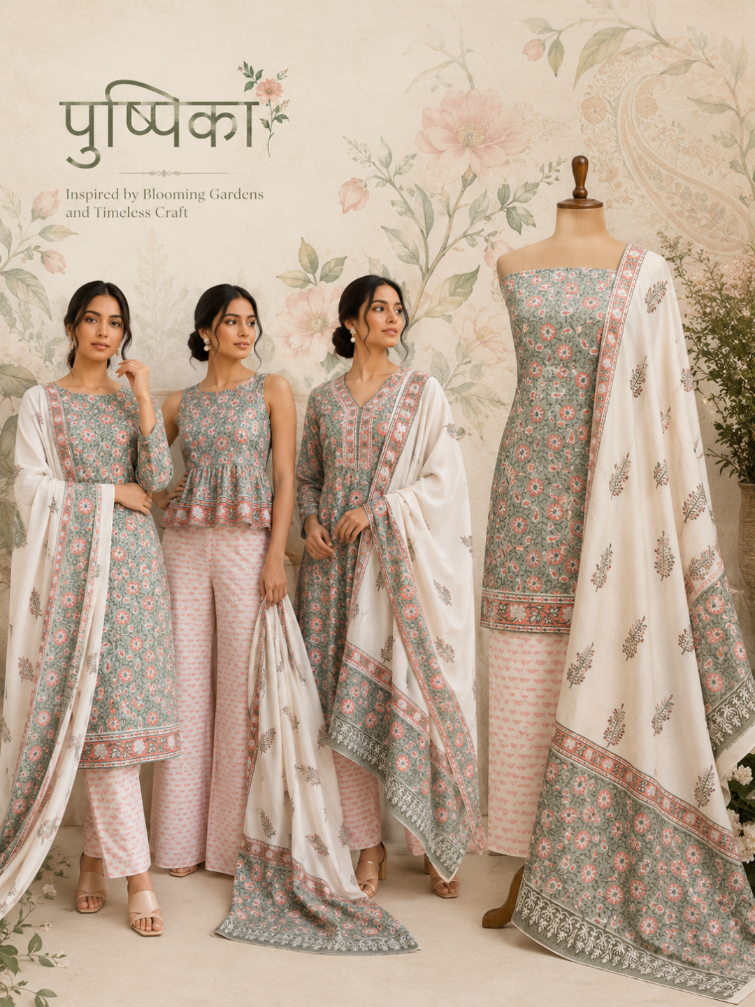 Sage Blossom Block Print | 3-Piece Unstitched Suit Set