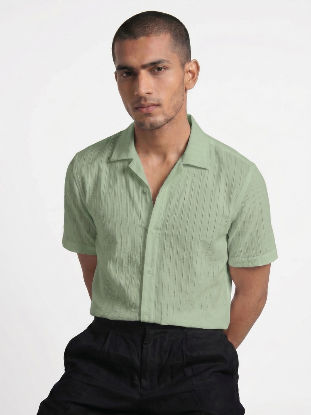 Khadi Fern Green Cuban Collar Half Sleeve Shirt