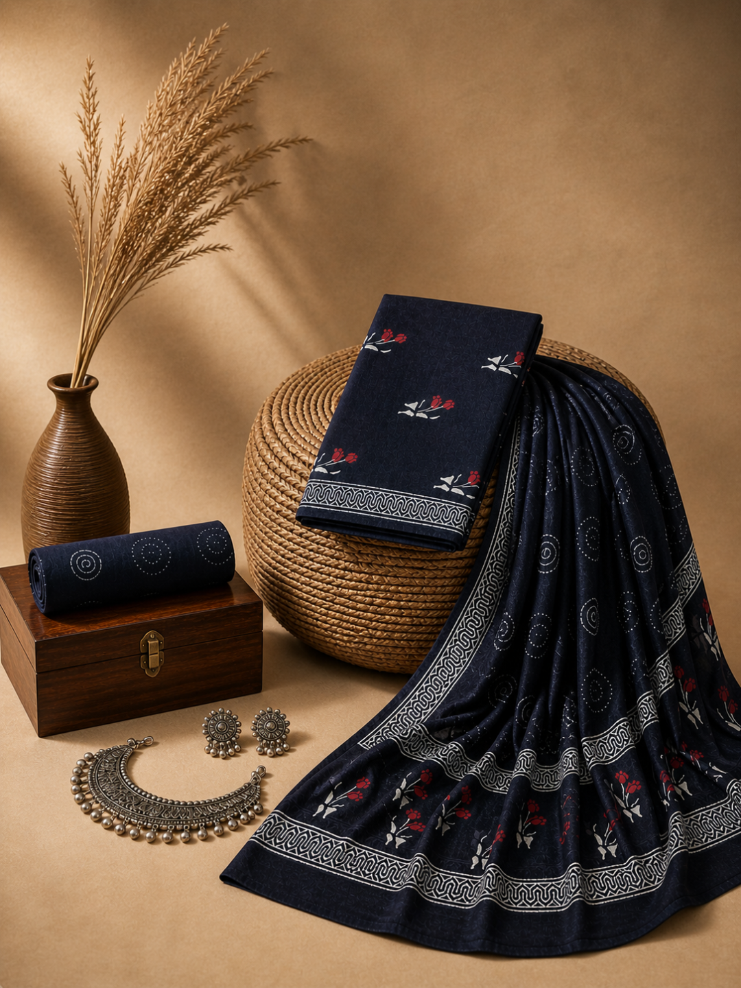 Black Color Batik Floral Buti Print | 3-Piece Unstitched Suit Set