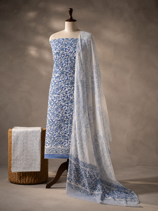 Indigo Blossom Block Print | 3-Piece Unstitched Suit Set